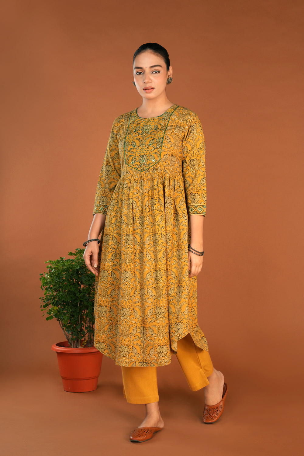Image of Mustard yellow Ajrak Handblock printed kurta